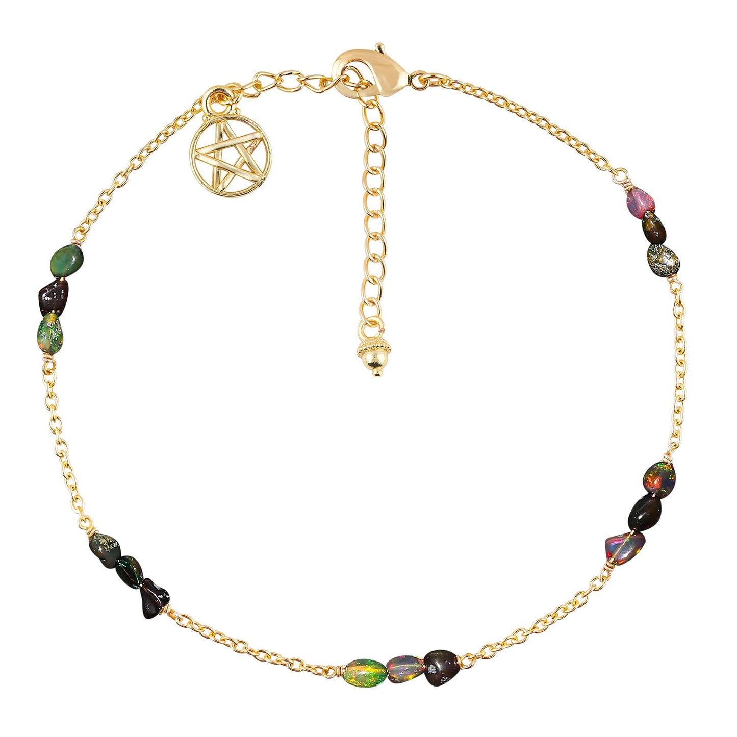 CRYSTALINES Natural Ethiopian Black Opal Gemstone Nuggets Beads, Handmade Station Dangle Star Charms Anklet, 14K Gold Plated, Adjustable Boho Jewelry for Women, Healing Crystals, Christmas Gift