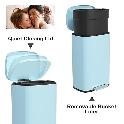 50 Liter / 13 Gallon Kitchen Trash Can with Lid, Stainless Steel Trash Can with Foot Pedal and Plastic Inner Bucket, Fingerprint-Resistant Soft Close Lid Garbage Can, Odor Proof and Hygienic, Blue