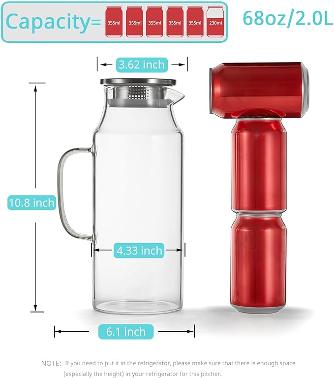 Bivvclaz 3 Pack 2 Liter 68 oz 2.1 Qt Glass Pitcher with Lid and Handle, Water Pitcher for Fridge, Glass Carafe for Hot/Cold Water, Large Iced Tea Jug for Coffee, Juice and Homemade Beverage