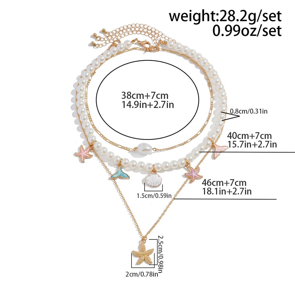 Chunky Gold Layered Pearl Starfish Statement Necklace Dainty Beach Pearls Beaded Seashell Choker Stacked Conch Sea Shell Necklaces Trendy Hawaiian Beachy Jewelry for Women (Colorful)
