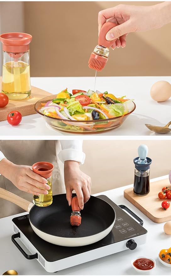 Oil Dispenser with Brush - 2 Pack Olive Oil Dispenser, 2 IN 1 180ml Glass Oil Dispensing Bottle with Basting Brush for Cooking Frying Baking Kitchen, T-OB21 Blue+Red