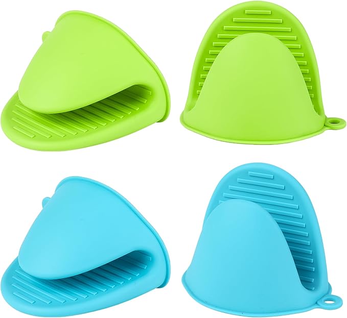 4 PCS Silicone Oven Mitts Heat Resistant Mini Oven Gloves for Kitchen Rubber Air Fryer Mitts Oven Accessories Finger Cooking Pinch Mitts Pot Holders for Kitchen Cooking Baking Dishwasher, Blue & Green