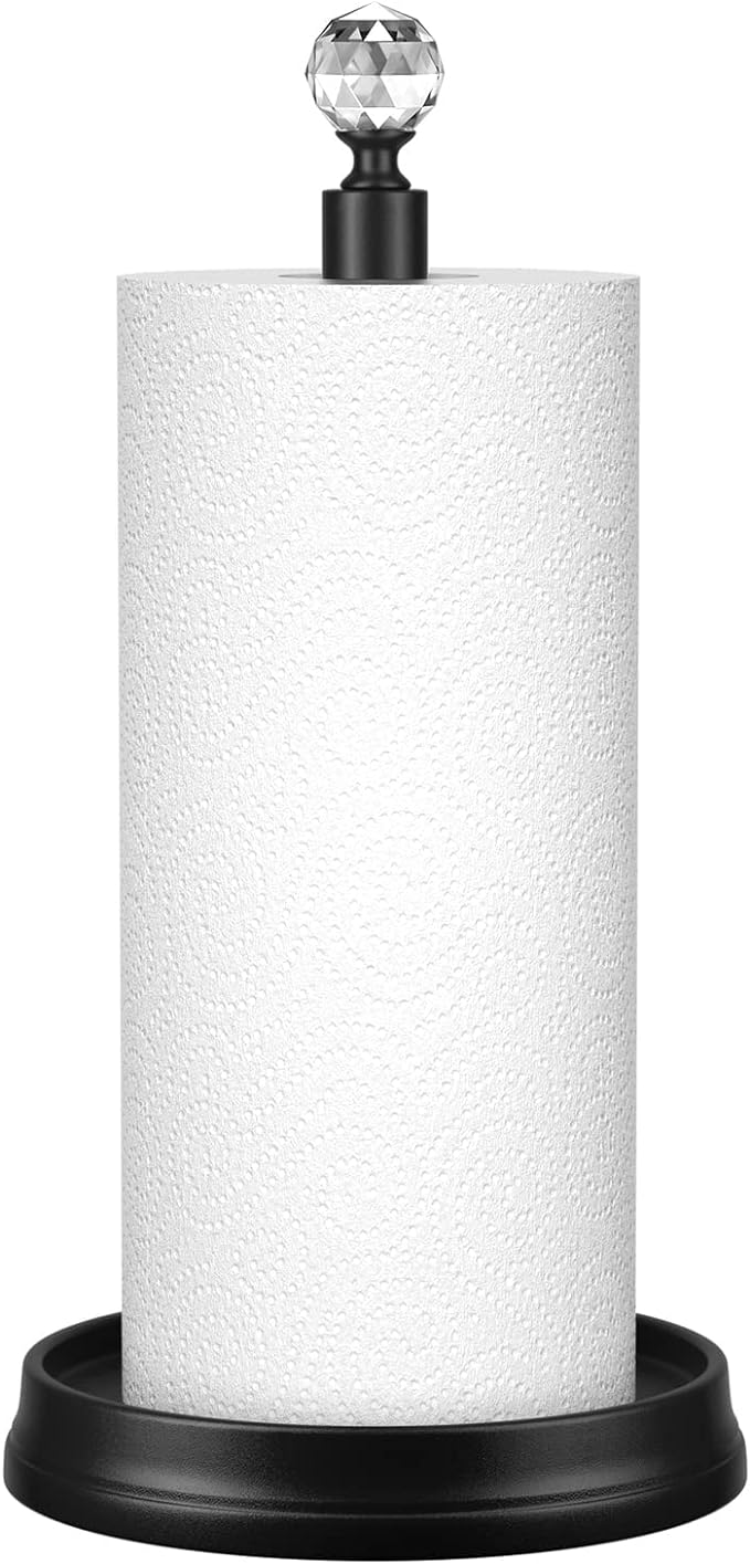 KASUNTO Crystal Head Paper Towel Holder - Steel Countertop Stand for Kitchen, Bars & Dining Tables - Fits Standard & Jumbo Rolls - Matte Black