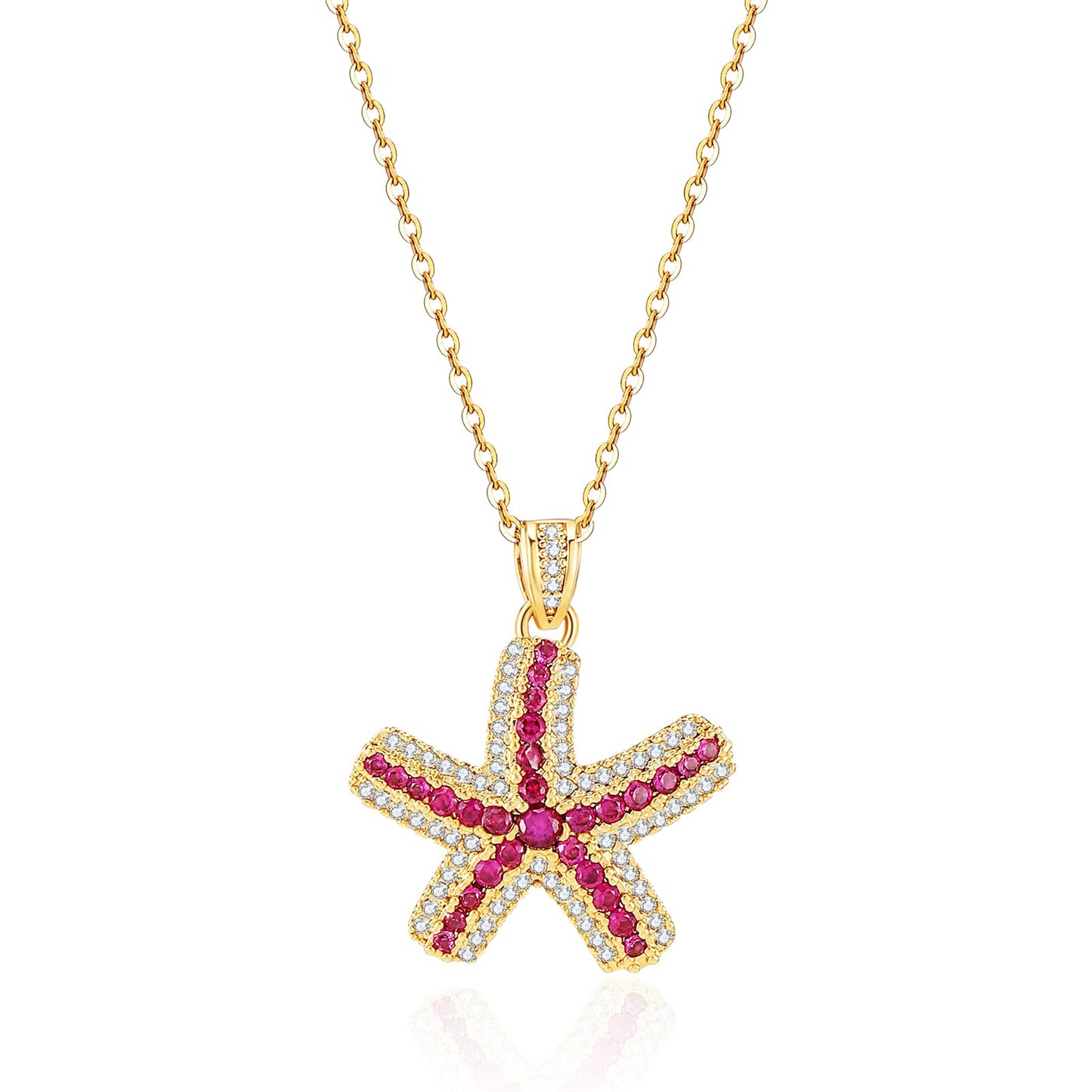 crataly CZ And Ruby Starfish Necklace For Women-Gold Plated July Birthstone Necklace Valentine's Day Mother's Day Christams Birthday Gifts