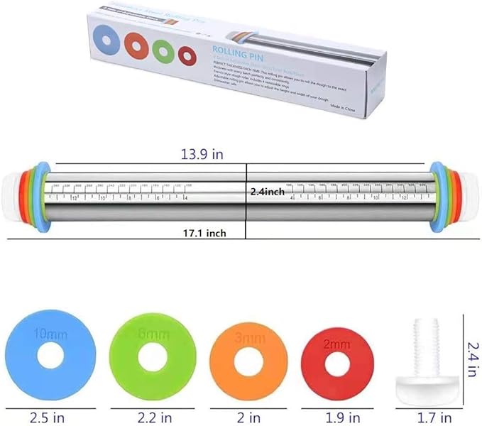 Adjustable Rolling Pin with Thickness Rings for Baking,17" Stainless Steel Dough Roller,Measurement Markings Rolling Pins For Pizza, tortilla,Pie,Pasta,Fondant,Cookies,Perfect for Chefs & Home Bakers