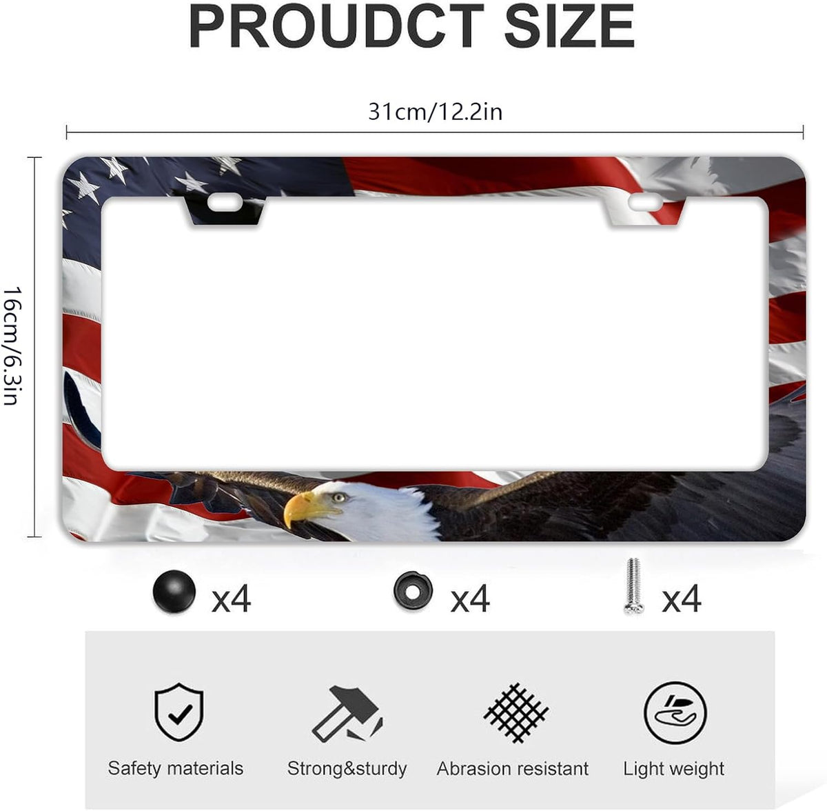 American Flag Eagle License Plate Frames - 2 Pcs Set 2 Holes Stainless Steel Metal Auto Car Accessories Decoration License Plate Frame Cover Size 6.3" x 12.2" Fit US Vehicles for Women Men Gift