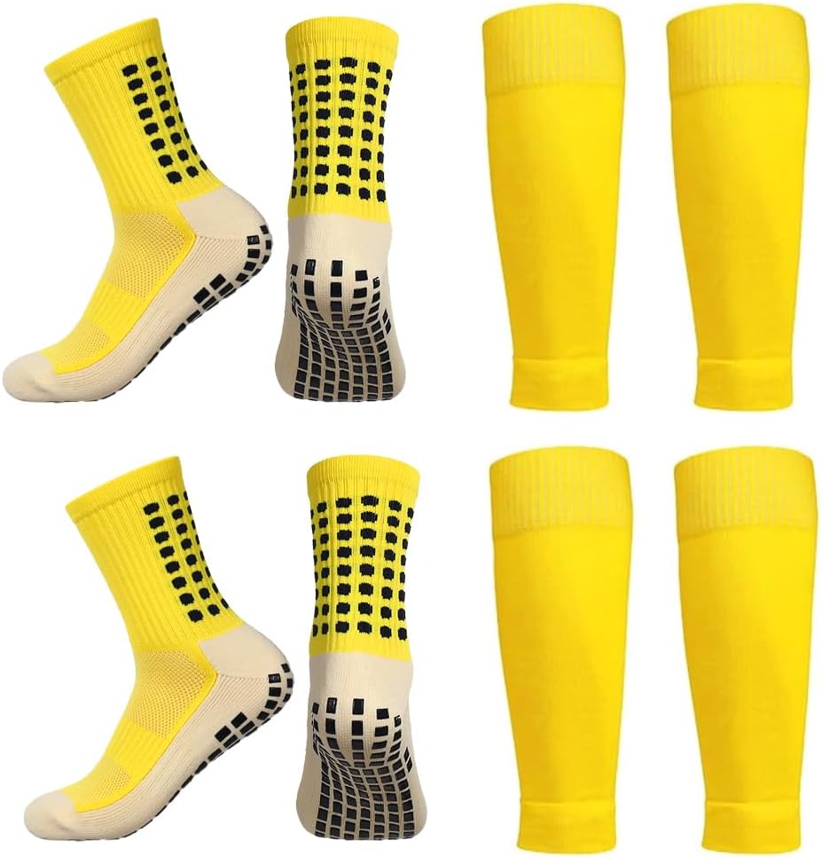 2 Set Anti-Slip Grip Soccer Socks with Shin Guard Sleeves, Sports Athletic Socks for Men Women