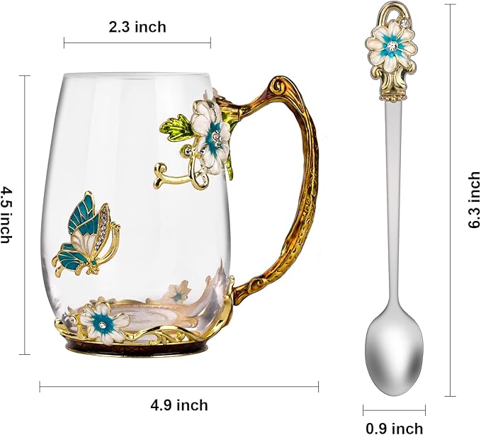 OEAGO Birthday Gifts for Women Mom Glass Coffee Enamels Mug Best Mothers Day Butterfly Gifts for Her from Daughter Son Lead-Free Christmas Tea Cup with Spoon Sets