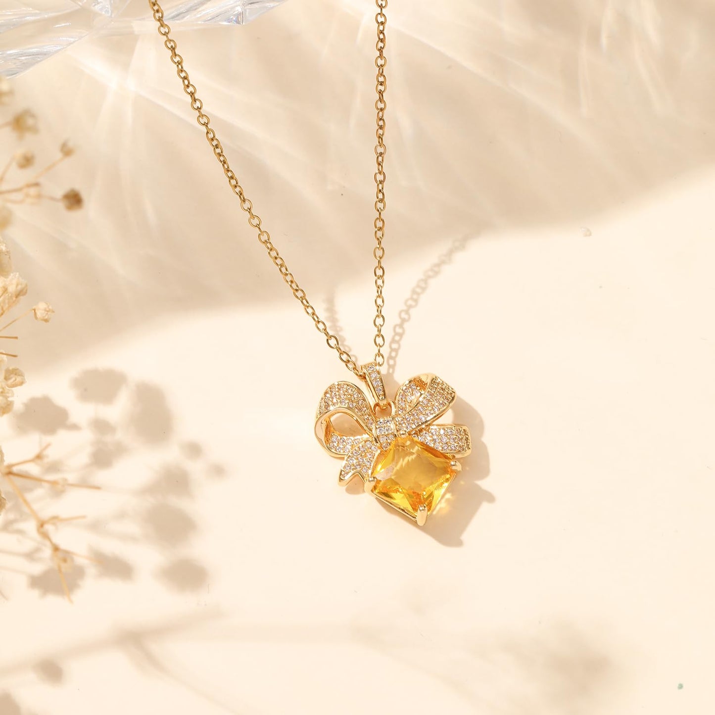 Yellow Square Citrine Bow Necklace for Women-Gold Plated November Birthstone Healing Crystal Vintage Necklace For Valentines Day Mother's Day Christmas Birthday Gifts