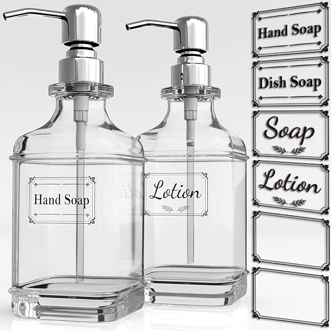 GLADPURE Soap Dispenser - 2 Pack, 18 Oz Antique Design Thick Glass Hand Soap Dispensers; with 304 Rust Proof Stainless Steel Pump, 6Pcs Clear Stickers, for Kitchen, Bathroom - Silver