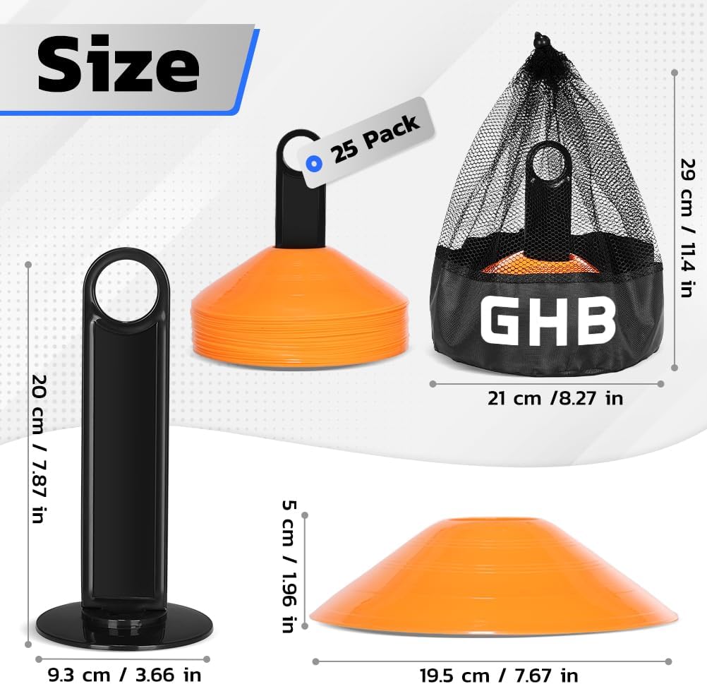 GHB Soccer Cones 25/50/100 Pack Disc Soccer Sport Cones Training Field Marker Agility Cones for Traffic, Basketball, Coaching, Practice Equipment Includes Cone Drills Guide