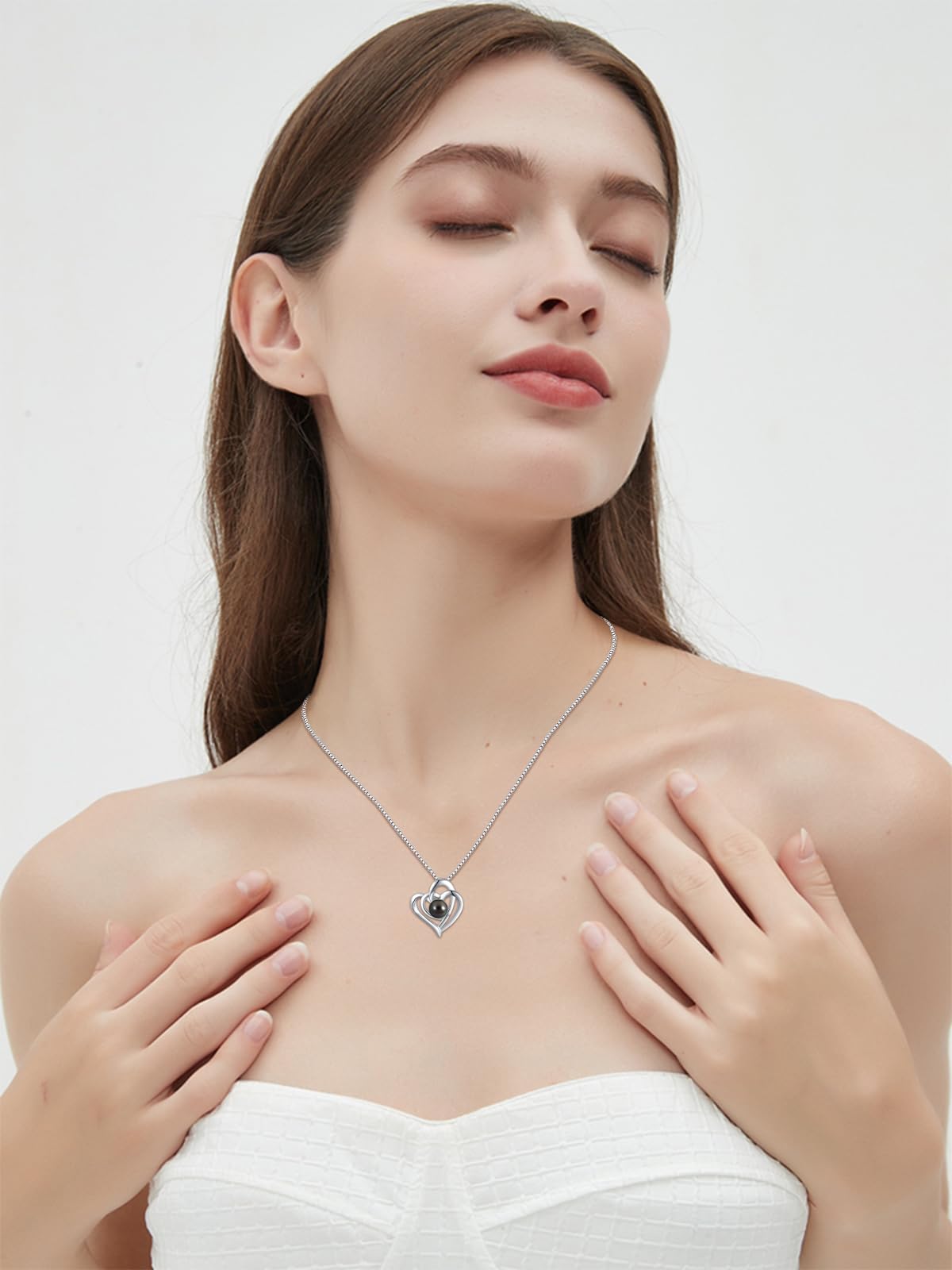 KANNSOAR Tahitian Black Pearl Necklace for Women 18K White Gold Plated Sterling Silver Heart Pendant 7MM Pearl Jewelry Wedding Birthday Anniversary Christmas Gifts for Wife Mom Girlfriend Lover Her