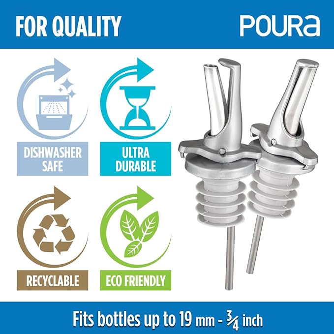 3-in-1 Liquor Pour spout with Built-in Fruit Fly Protection - BPA Free & Dishwasher Safe Hygienic Alcohol Speed Spouts - Also for Olive Oil, Juice, Syrup. Silver 2 Pack