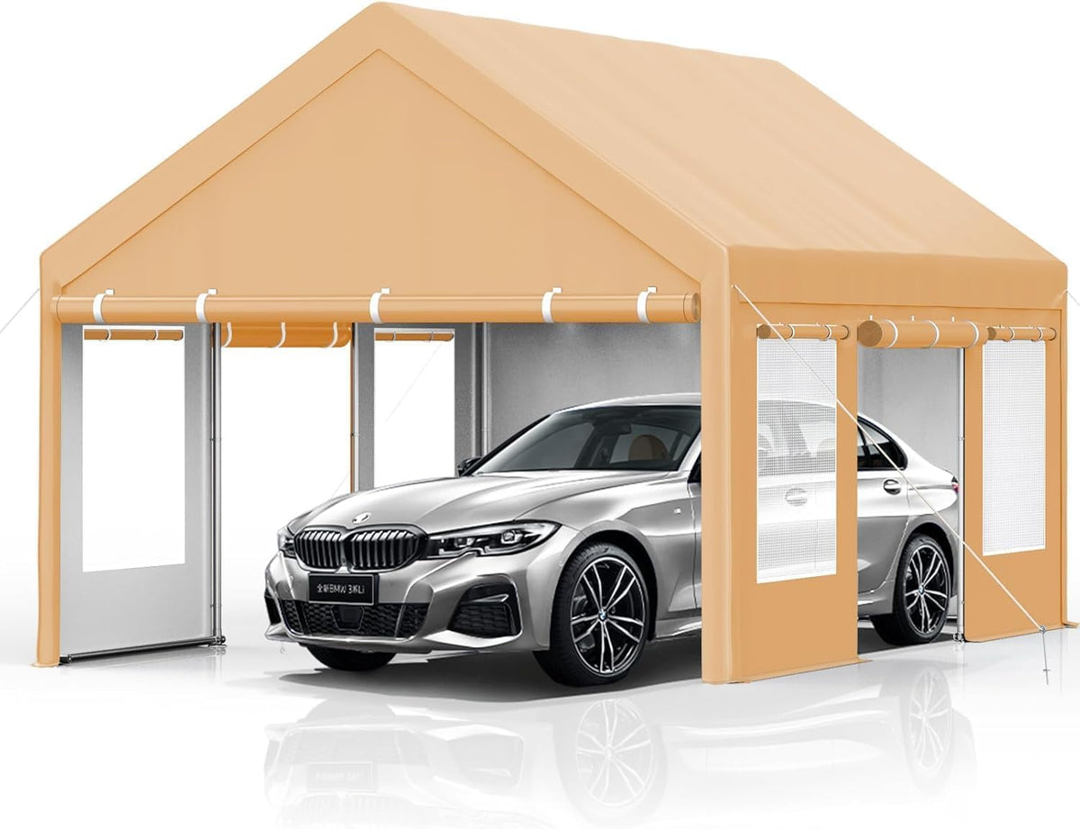 13x20 Ft. Metal Carport Garage with PE Fabric and Galvanized Steel Frame Outdoor Shelter for Cars, Trucks and Boats with 4 Doors and Mesh Windows for Ventilation - Yellow