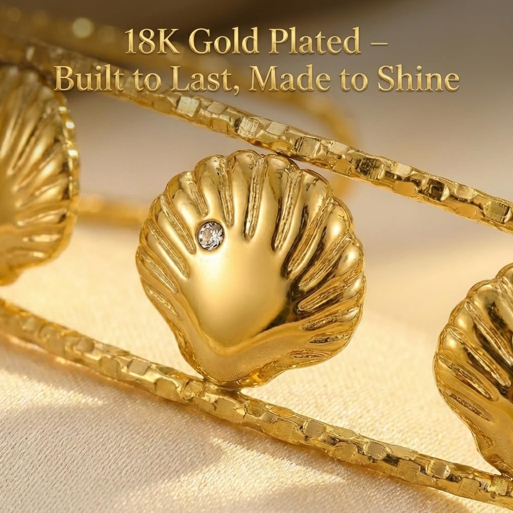 MystiGlimmer Starfish Bracelet with Luxury Gift Box 18K Gold Plated Stainless Steel, Adjustable Open Cuff, Waterproof & Hypoallergenic Jewelry Gift for Women (3Seashell)