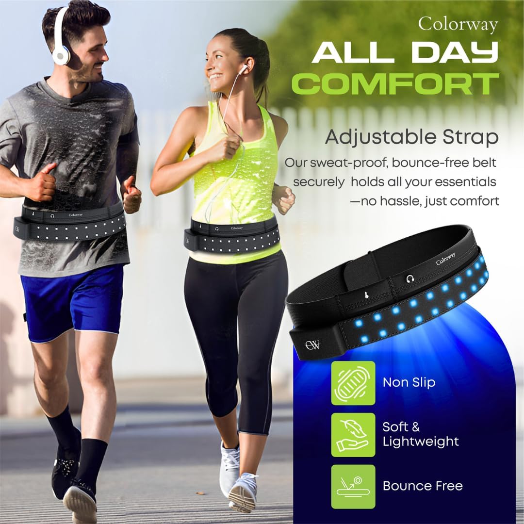 Colorway Led Running Belt – Day & Night Adjustable Waist Pack, Removable Light Strip, 3 Pouches for All Essentials, Reflective Running Gear for Men & Women (Rechargeable, Machine Washable)