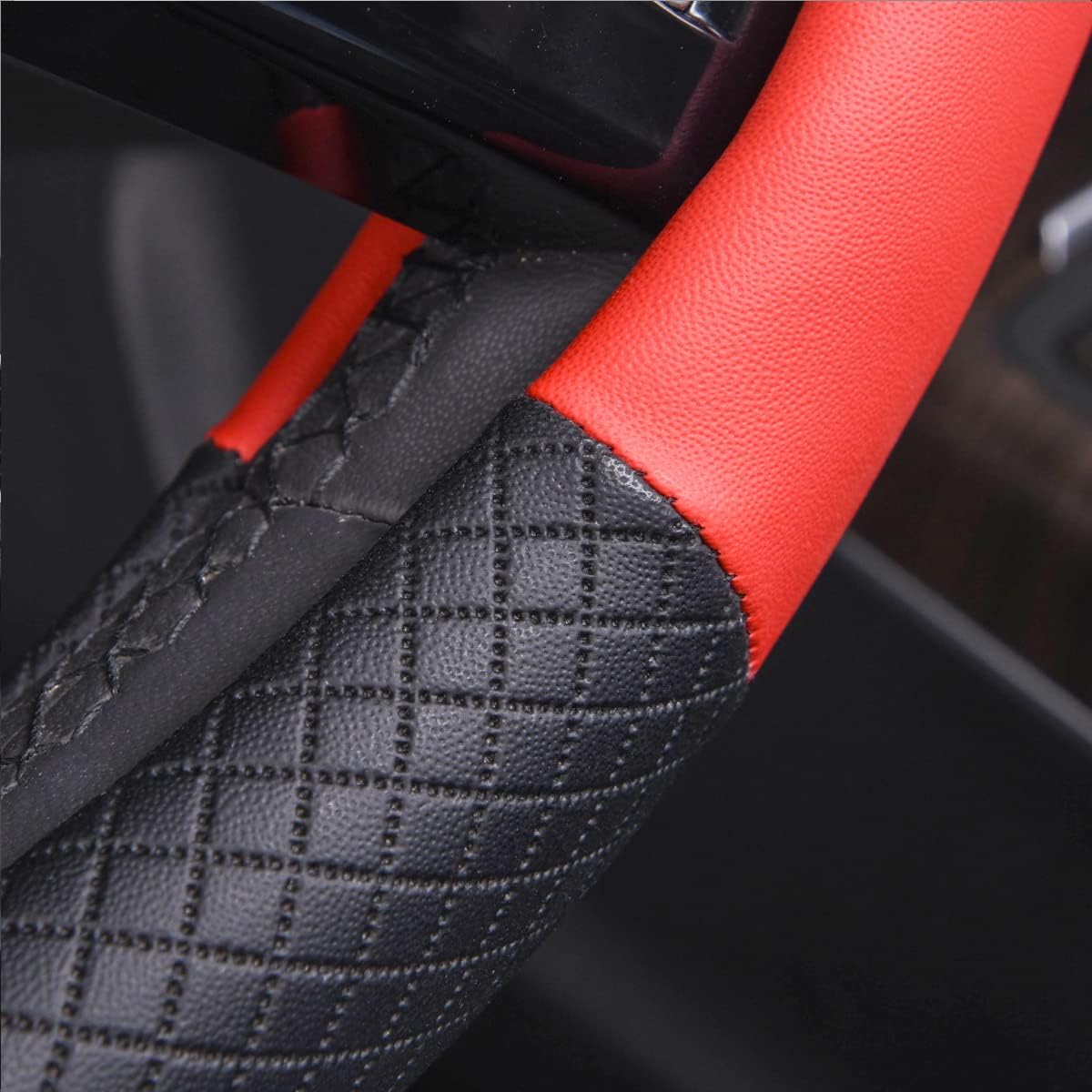 CAR PASS Rhombus Leather Universal Steering Wheel Cover, Fit for Suvs,Trucks,Cars,Sedans,Vans (Black&Red)