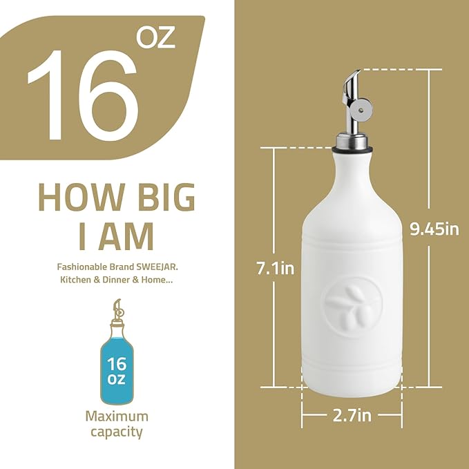 Sweejar 16 Oz Ceramic Olive Oil Dispenser Bottle, Oil Dispenser for Kitchen with Gravity Spout, Relief Opaque Vinegar Container for Evoo, Soy Sauce, 1 Pack(Turquoise, Gold Spout)