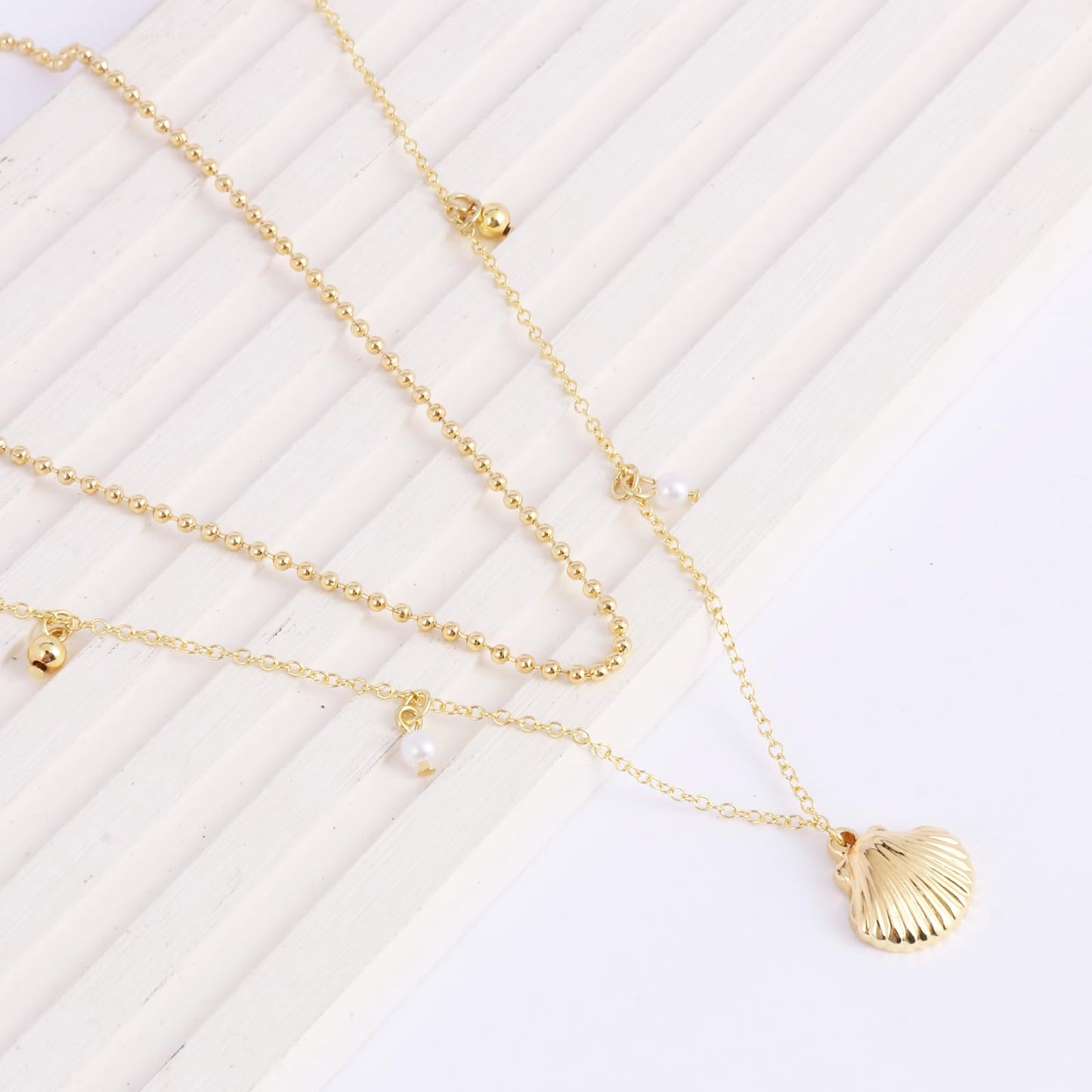 Starfish Shell Necklace for Women,14k Gold Plated Silver Layered SeaShell Pearl Pendant Charm Necklaces Dainty Non Tarnish Adjustable Waterproof Beaded Necklace Stack Jewelry for Summer Beach Vacation (Gold Shell Necklace)