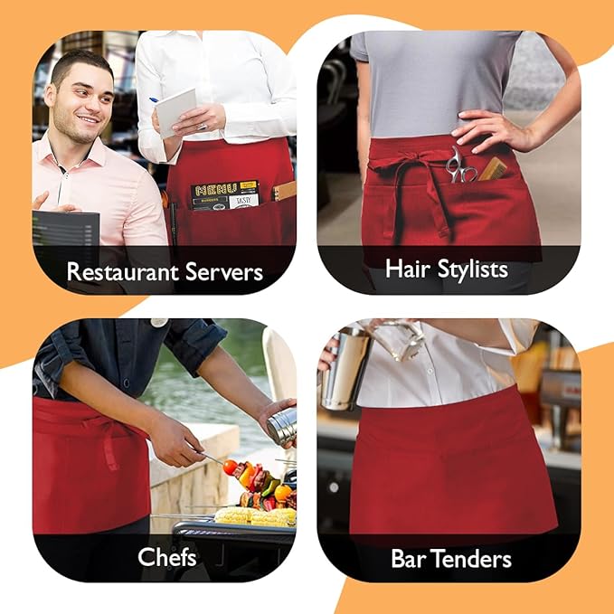 Avalon Kitchen Server Aprons with 3 Pockets, 100% Polyester Waist Apron with Pockets, 24x12 Inche Waitress Apron with Pockets