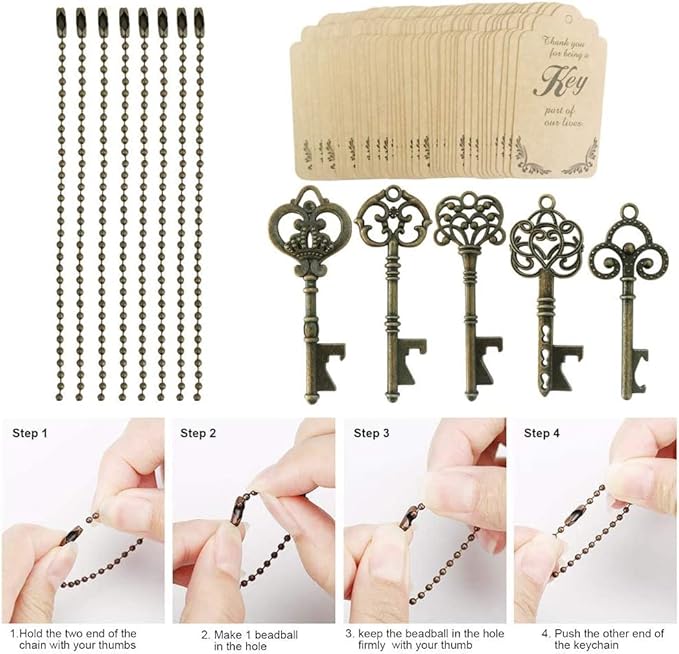 WODEGIFT 50pcs Bottle Opener,Wedding Favors Vintage Skeleton Key Bottle Opener,Key Bottle Openers with Escort Tag Cards and Key Chains Wedding Gifts for Guest（Bronze,5 styles）