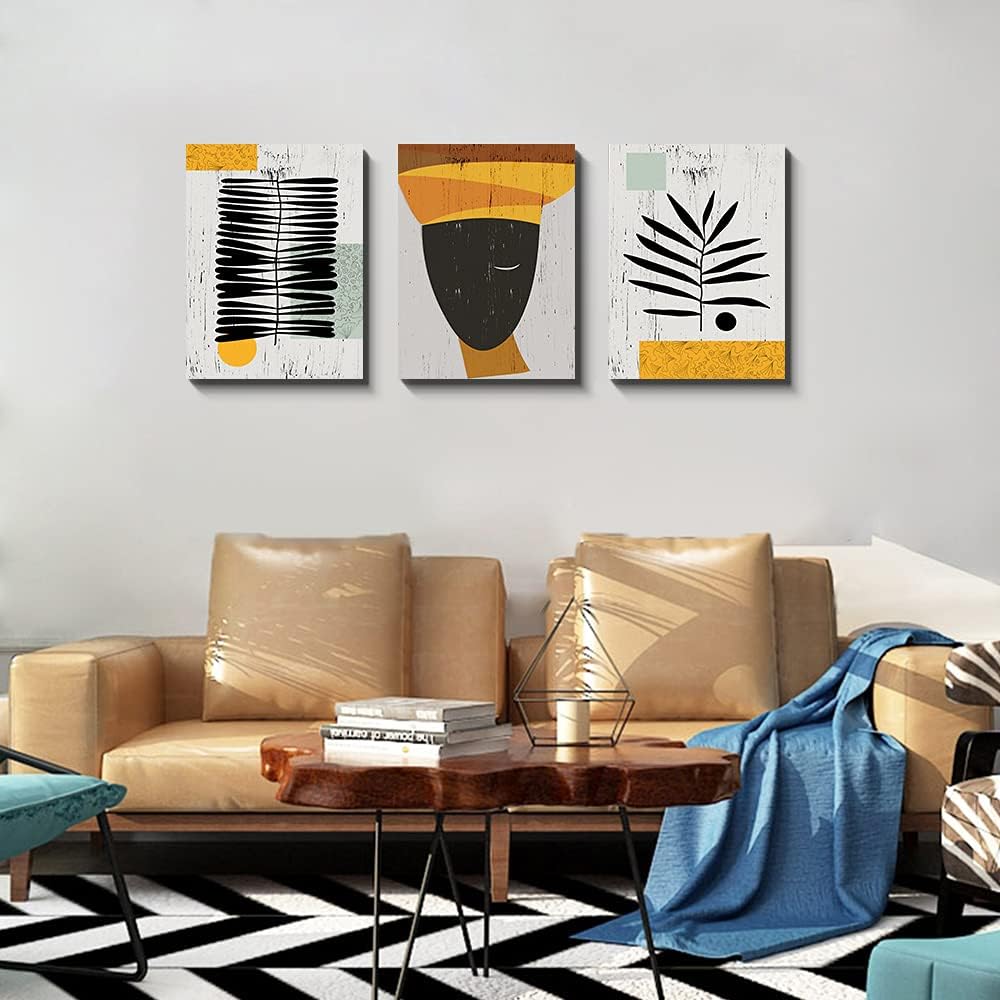 Framed Canvas Wall Art African Ethno Motive Wall Art Set, Abstract Ethno Art, African American Woman Portrait, Black Orange Print, Contemporary Collage, Minimalist (S-3pcs,24x36inchx3pcs)