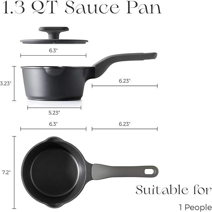 PRICUSIS Ceramic Nonstick Saucepan with Lid, 1.3 Quart Non Toxic Pot with Pour Spouts, Full Coated, 100% Dishwasher Safe, Induction Compatible & Oven Safe, PFOS & PFOA Free, Black Sesame