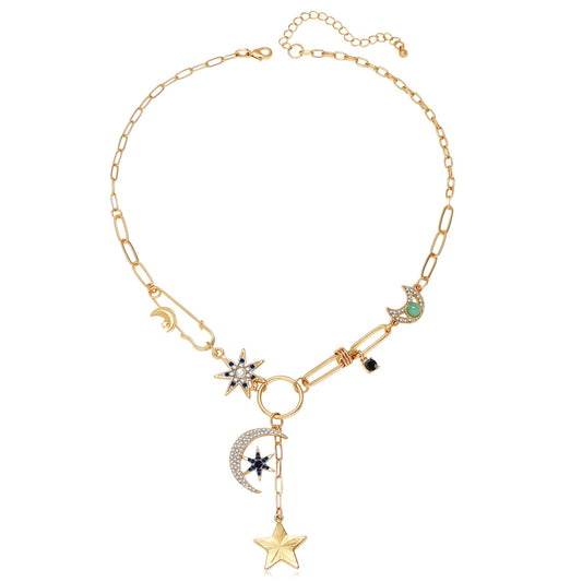 BONJOULRY Charm Necklace for Women Gold Moon and Star Charms Pendant Necklace Vintage Dainty Paperclip Chain Chunky Boho Gothic Y Choker Necklace Jewelry Gifts Celestial