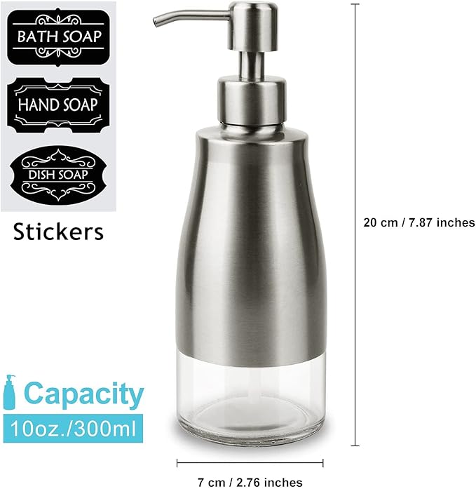 AUMIO Dish Soap Dispenser with Stickers, Kitchen Soap Dispensers Brushed Nickel Stainless Steel and Glass Combined, Refillable Liquid Hand Soap Dispenser for Bathroom & Kitchen (11OZ / 320ML)