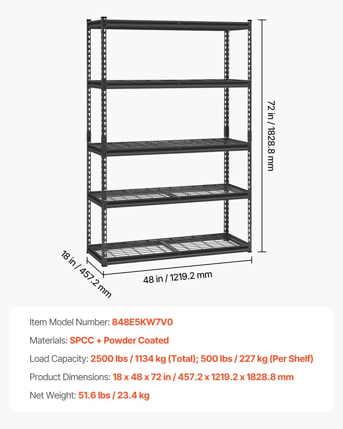 VEVOR Storage Shelves, 2500 lbs, 5 Tier Heavy Duty Garage Shelving, 18" D x 48" W x 72" H Adjustable Metal Shelves for Industrial Shelving Unit Utility Shelf, for Kitchen, Warehouse, Basement, Black