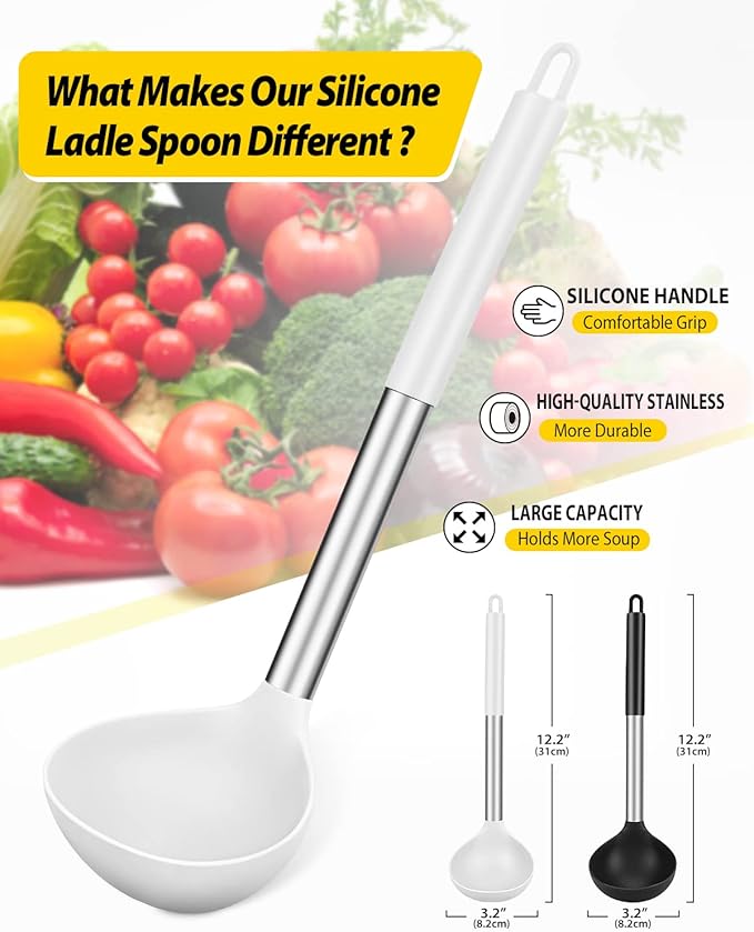 Pack of 2 Ladle Spoon,Silicone Large Spoon for Soup,Non Stick Kitchen Utensils with High Heat Resistant,BPA Free Perfect Kitchen Tools for Cooking, Stirring,Serving Soups (BLACK-WHITE)