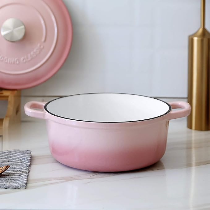 EDGING CASTING Enameled Cast Iron Covered Dutch Oven with Lid Round Pot for Bread Baking, 7 Quart, Pink