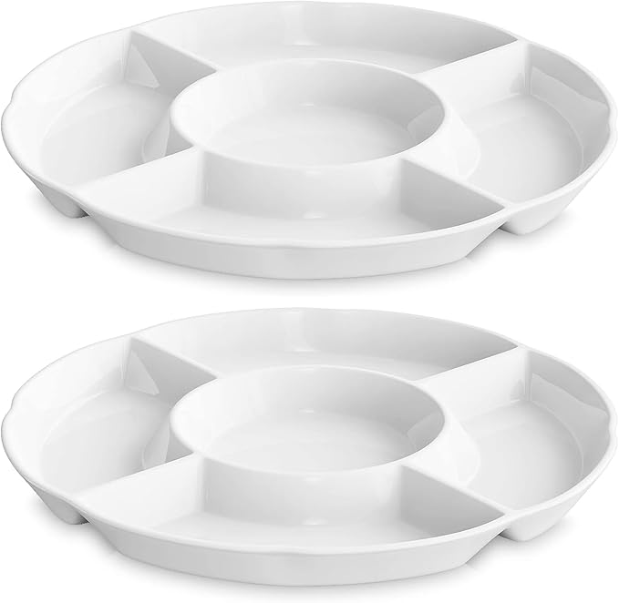 LAUCHUH Veggie Tray Set of 2, Porcelain Chip & Dip Serving Set Divided Serving Platter White Serving Tray for Party, Fruits, Veggies, Candy, Snack, Dessert, 12 inch