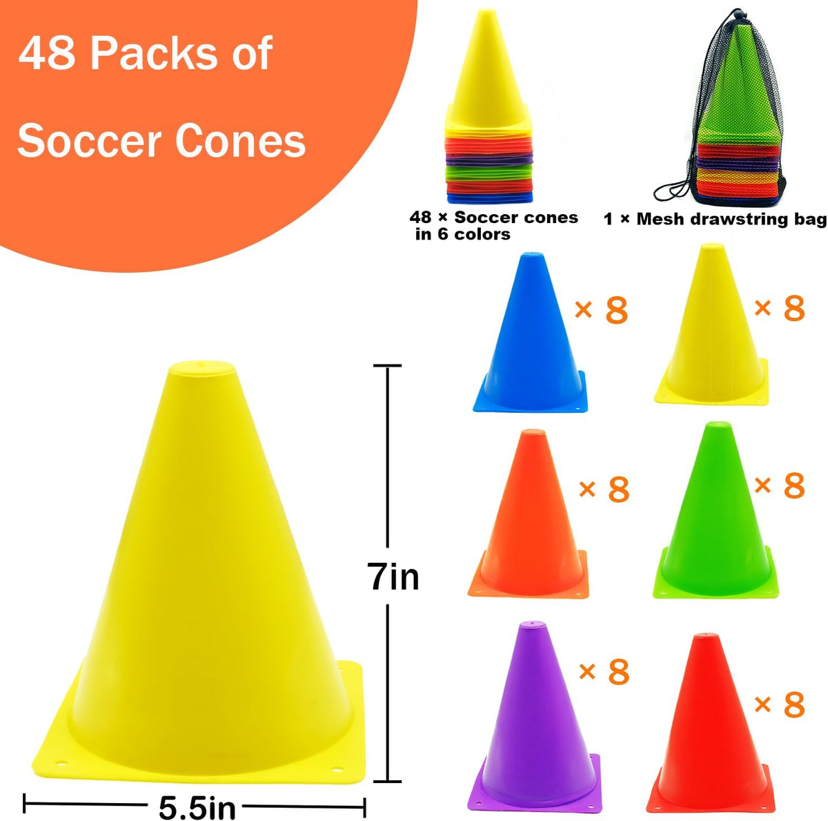 12/24/48Pcs Soccer Cones,7" or 9" Soccer Cones for Training, Multicolor Cones Sports Soccer Training Cones, Field Cones for Skating Basketball Football Drills Practice