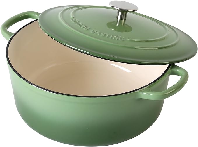 EDGING CASTING Enameled Dutch Ovens Cast Iron Dutch Oven Pot with Lid for Bread Baking, Cook, Dual Handle, 7 Quart, Pistachio Green