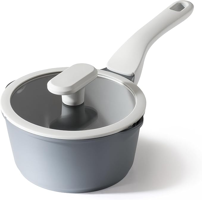 PRICUSIS Ceramic Nonstick Saucepan with Lid, 1.3 Quart Non Toxic Pot with Pour Spouts, Full Coated, 100% Dishwasher Safe, Induction Compatible & Oven Safe, PTFE PFAS & PFOA Free, Grey
