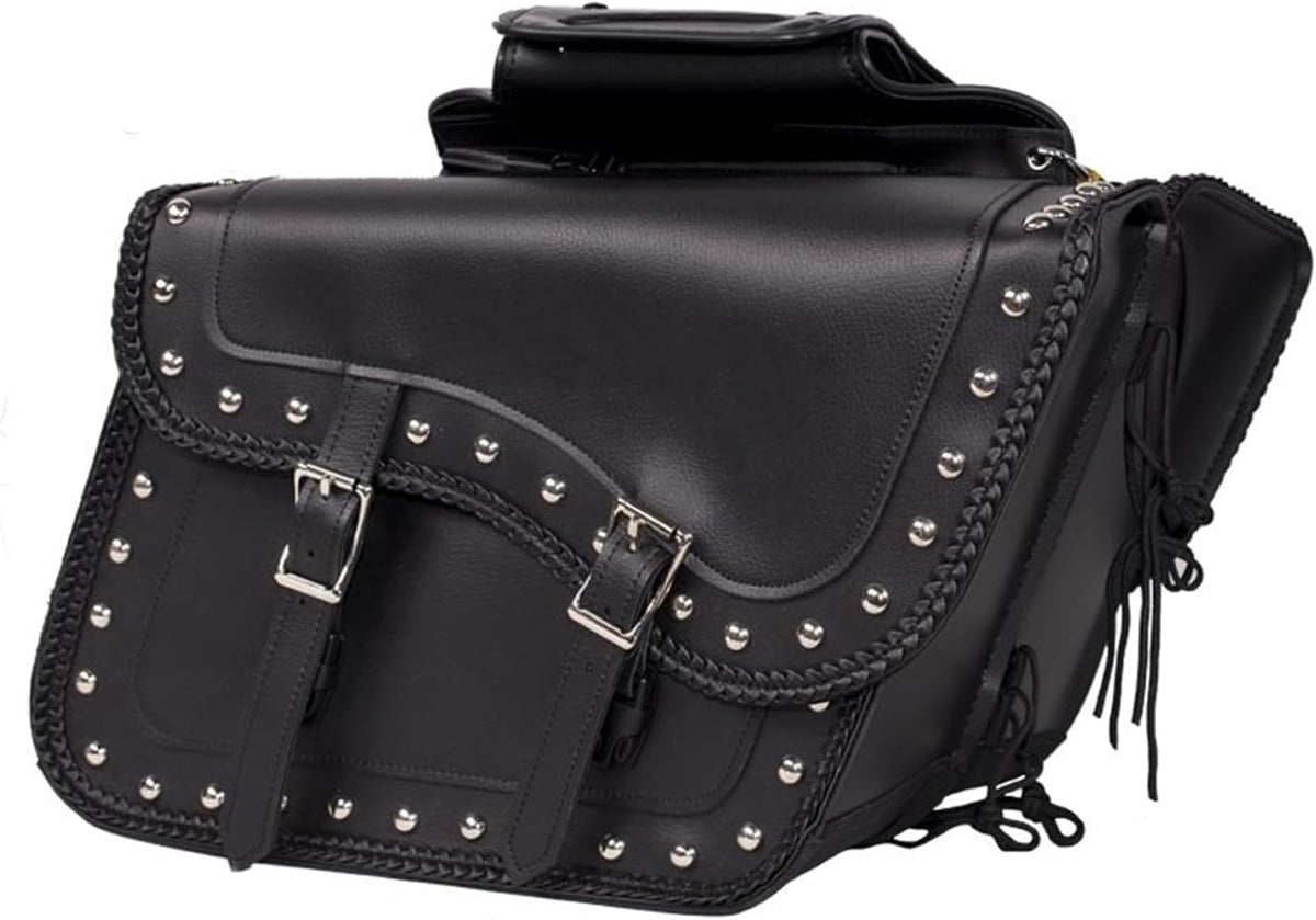 GARGOYLE BELLS Motorcycle Saddle Bags Synthetic Leather Motorcycle Luggage Bag Waterproof Throw Over Saddlebags For Softails Sportsters Choppers Dyna V-star Shadow (With Studs, Black, 16"x13"x11.5")