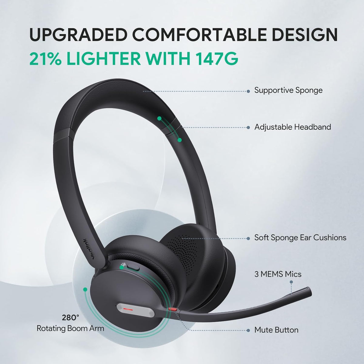 Yealink BH70 UC (NO Dongle) Wireless Bluetooth Headset with Microphone for Work, 35h Talking Battery Life, 3-Mic Noise Cancellation Headsets for Computer, 147g Lightweight Headphone for Open Office