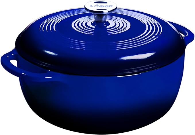 Lodge 3 Quart Enameled Cast Iron Dutch Oven with Lid – Dual Handles – Oven Safe up to 500° F or on Stovetop - Use to Marinate, Cook, Bake, Refrigerate and Serve – Indigo