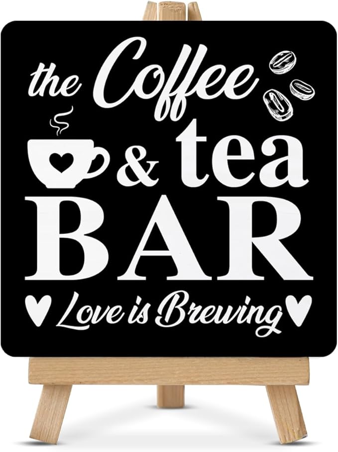 Coffee Bar Decor, Coffee Tea Bar Wood Sign with Easel Home Kitchen Desk Shelf Table Tabletop Decor