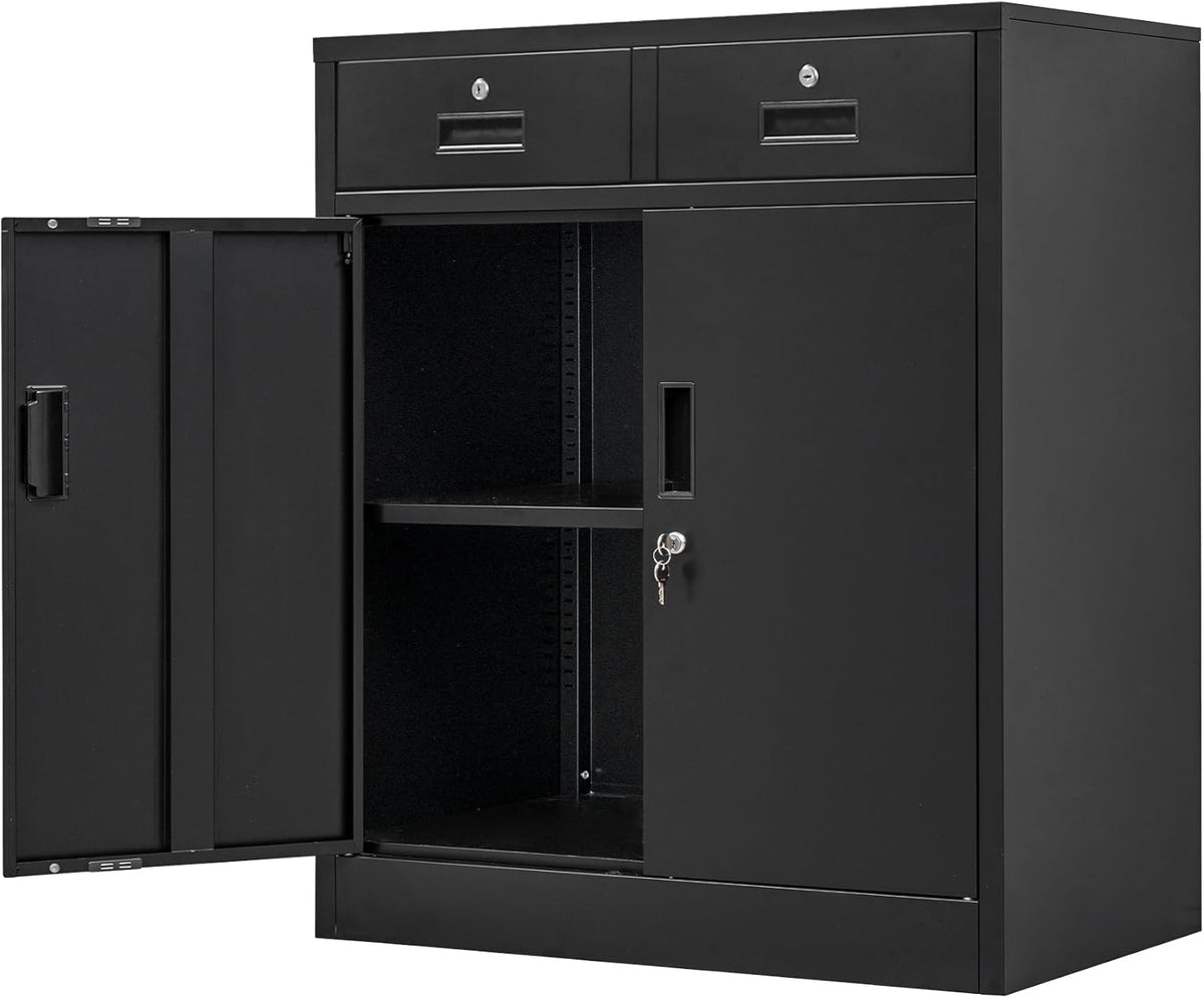 Metal Storage Cabinet, 36" H Locking Storage Cabinet with Two Drawers and Adjustable Shelf, Metal Cabinets for Office, Garage, Home-Black