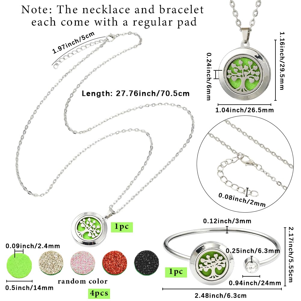 SUNNYCLUE 1Pc Essential Oil Diffuser Bracelet 1Pc Essential Oil Necklace with 10Pcs Refill Pads Tree of Life Stainless Steel Adjustable Bangle Bracelets Necklaces Aromatherapy Jewelry for Women Gift