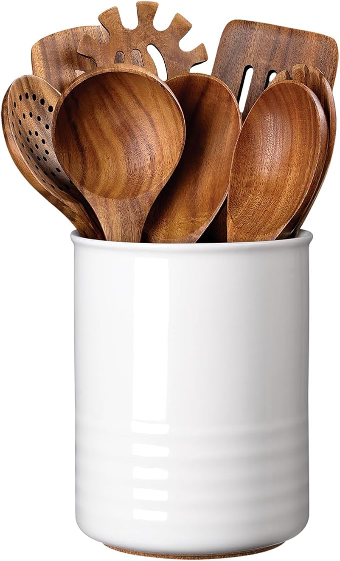 ABRUTY Utensil Holder, 6.7" Ceramic Kitchen Utensil Crock for Countertop Cooking, Modern Utensil Caddy Jar Organizer for Farmhouse Kitchen Counter Decor (White)
