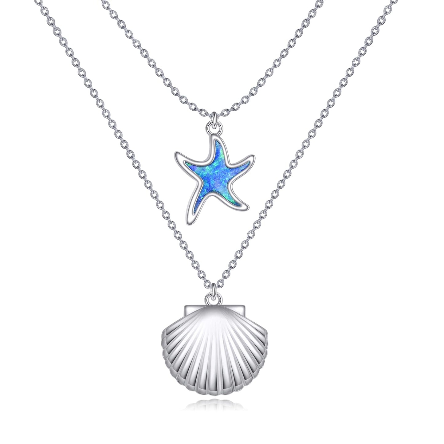 LUHE Starfish Necklace Sterling Silver Shell Pendant Blue Opal Sea shell Jewelry Ocean Necklace Gift for Women