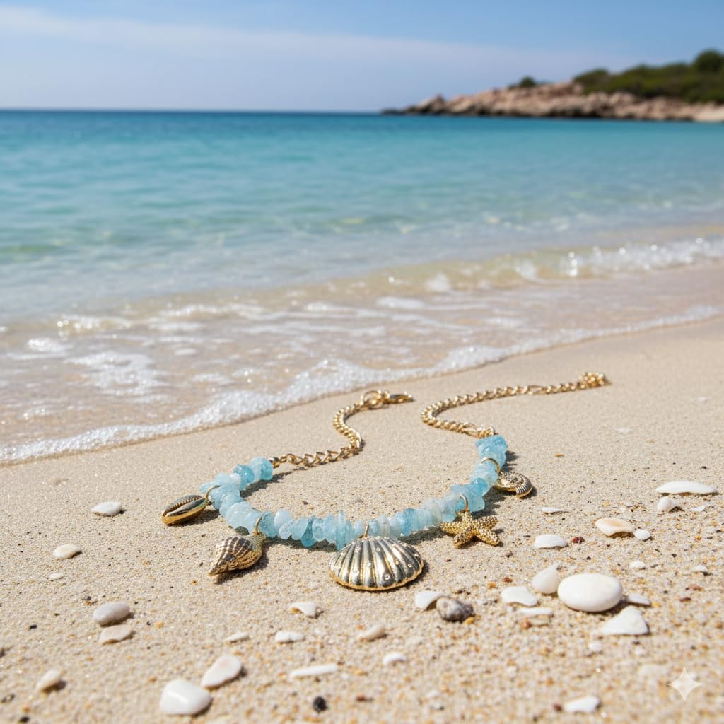 MERGEWORLD Dainty Gold Sea shell Necklace For Women – Ocean Charm Jewelry for Women, Delicate Starfish Beach Necklace with Sea Blue Natural Stone, Elegant Beach Gifts & Everyday Gold Chain
