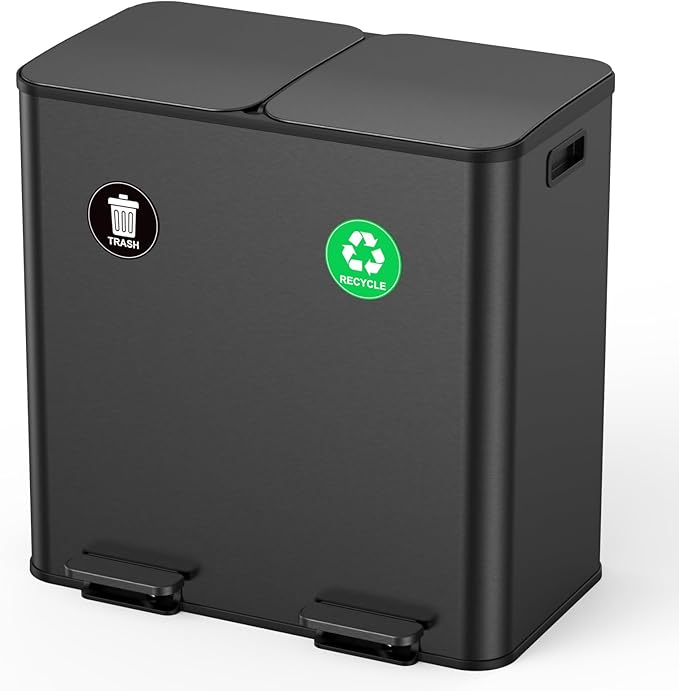 Lovewind Dual Trash and Recycling Bins for Kitchen, 2 * 11-Gallon Stainless Steel Double Trash Can, Step-On Garbage and Recycle Combo, Quiet Close, Pet-Proof, Compatible with 13-Gallon Bags, Black