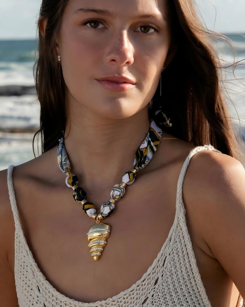 FAUTHENTICUTE Gold Conch Shell Pendant Necklace With Black Printed Ribbon Boho Silk Scarf Statement Necklace for Women Summer Beach Choker Necklaces