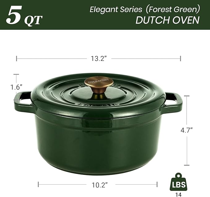 Overmont Enameled Cast Iron Dutch Oven - 5QT Pot with Lid Cookbook & Cotton Potholders - Heavy-Duty Cookware for Braising, Stews, Roasting, Sourdough Baking moss