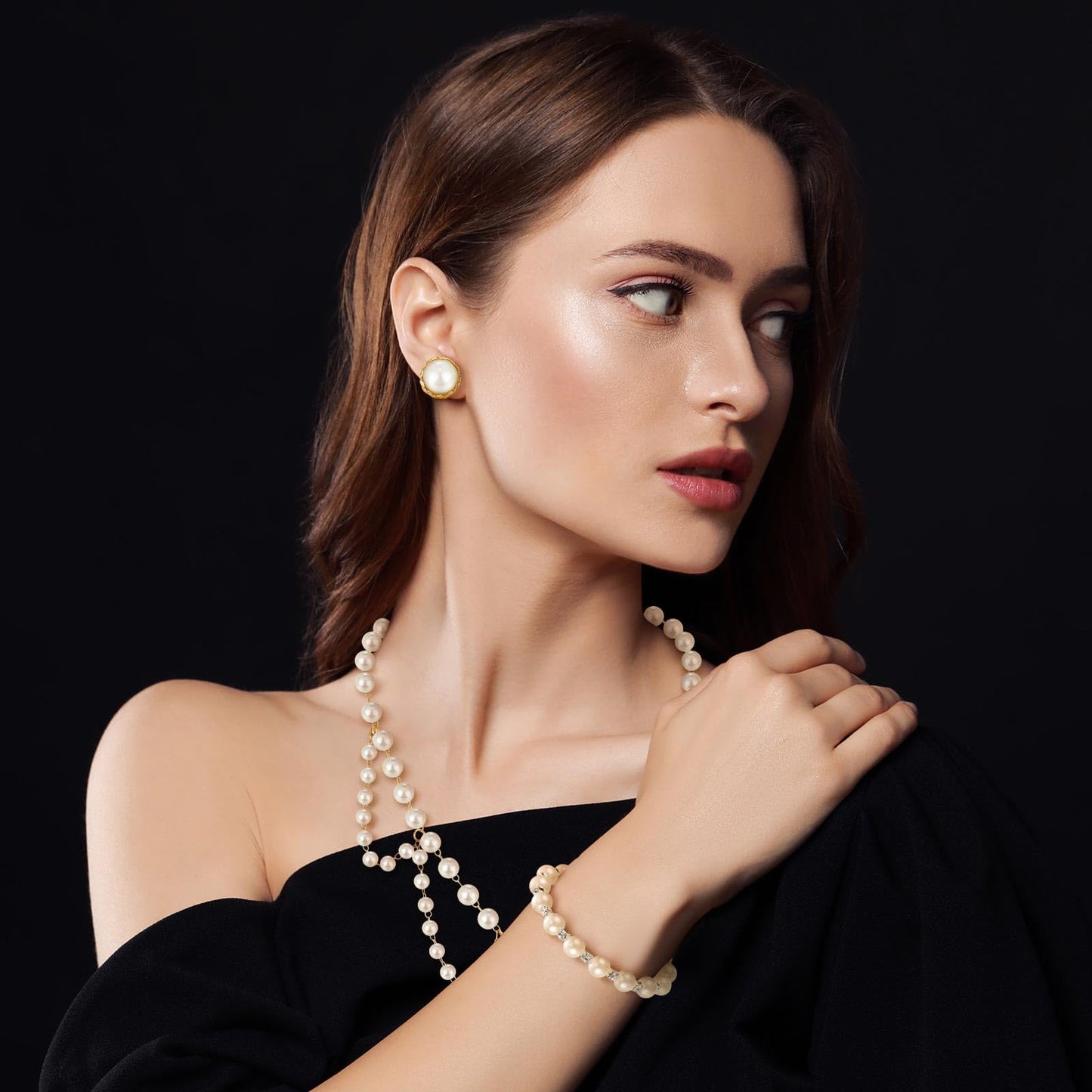 Glenmal Pearl Rhinestone Jewelry Set for Women Pearl Necklace Bracelet Earrings for Wedding Birthday Bridal Shower Tea Party(Casual Style)