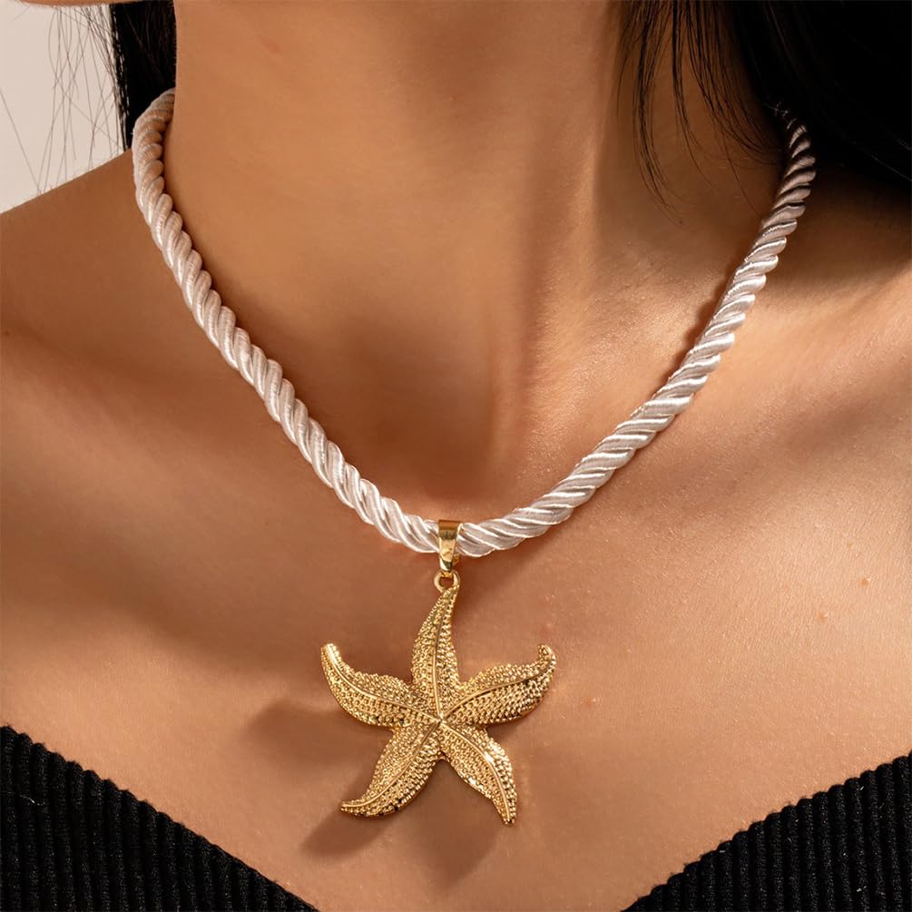 UANXLL Large Gold or Blue Starfish Pendant Necklace, Chunky White Rope Chain Big Sea Star Necklaces for Women Fashion Ocean Style Beach Party Prom Jewelry Gift (Gold)